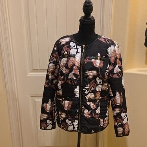 Ellen Tracy Quilted Puffer Jacket in Black and Pink Floral, Size XL